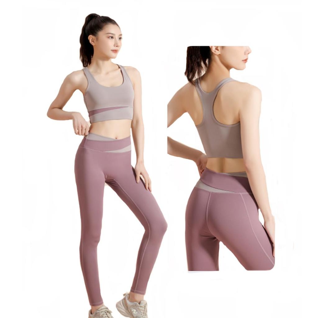 Kesaeki Yoga- und Sportbekleidung Yoga-Oberteil und -Hose Trainings-Yoga-Bekleidung mit hohem Damen-Set, Stilvolles, Rutschfestes Set, Bekleidung, Damen-Cups, Atmungsaktiv,