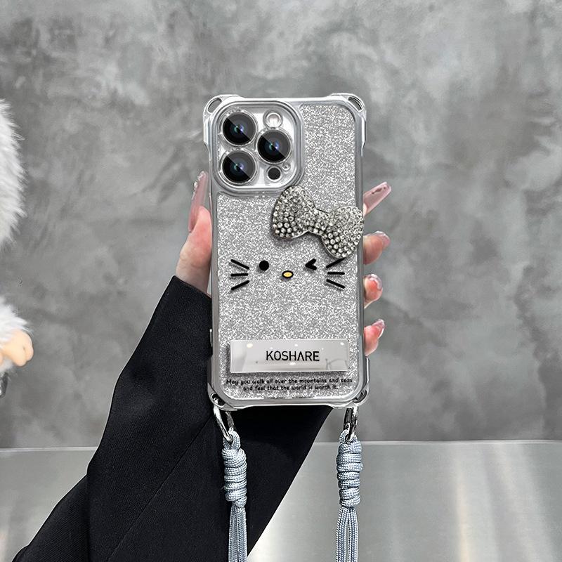 Meow bow doll is suitable for Apple 16 mobile phone case 15promax four-corner lanyard 13 transparent silicone 14 women