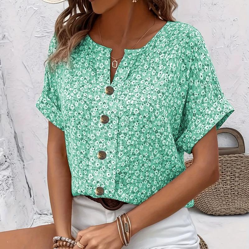 

Plus Size Women s Shirts Spring Summer Fashion Casual Floral Printing V-Neck Short Sleeve Blouses Clothing L зелений