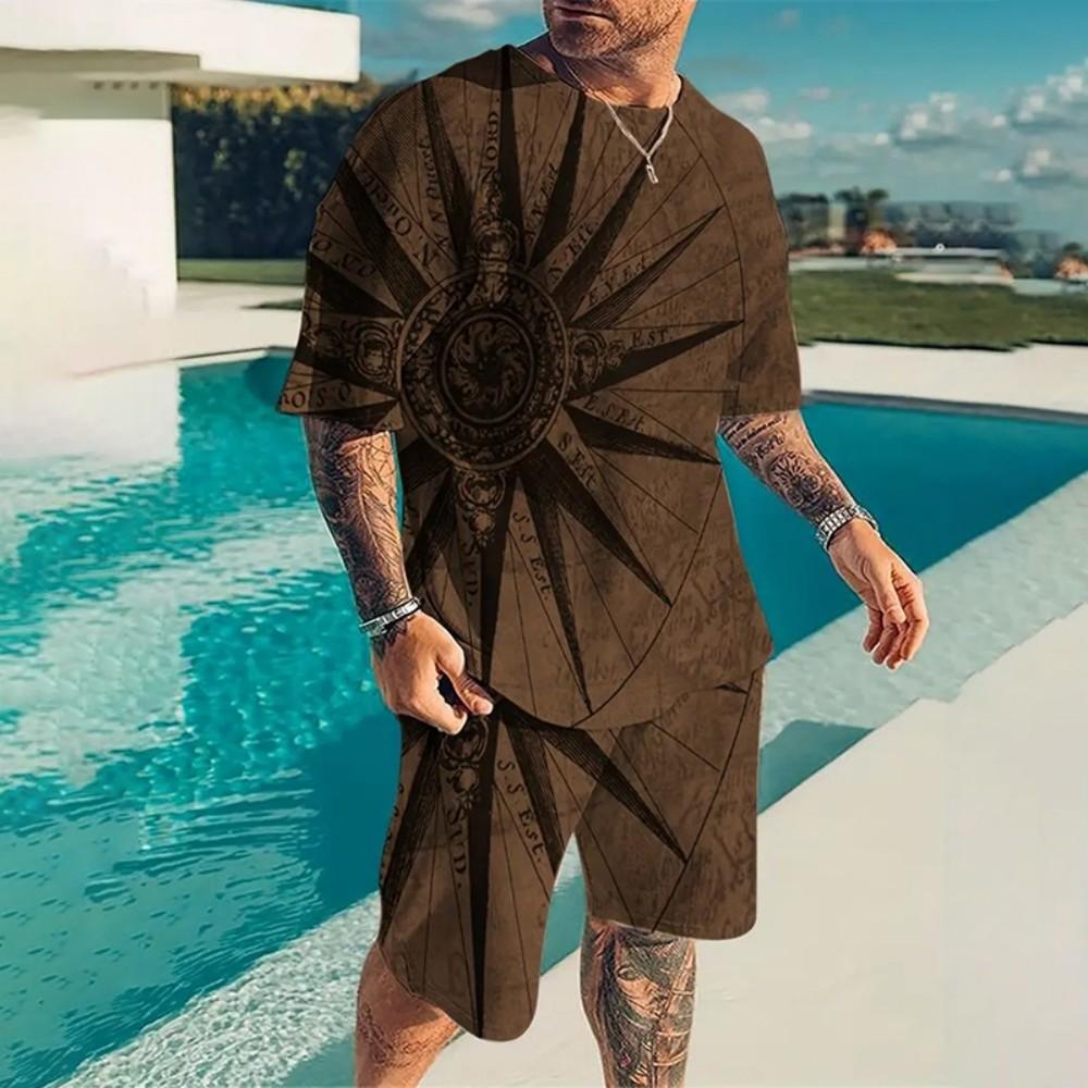 Men's New Animal Printed Breathable Round Neck T-shirt Shorts Set Outdoor Casual Two-piece Set