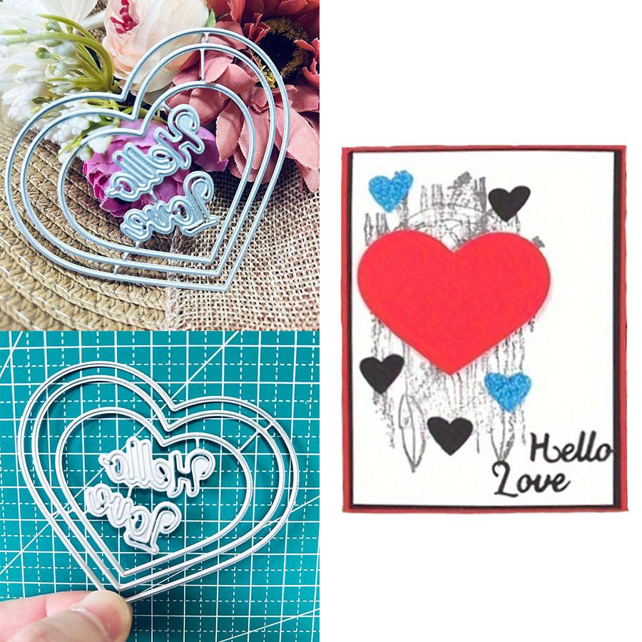 "Hello Love"letters and 3pcs Love Hearts Metal Cutting Dies Stencil for DIY Scrapbooking Photo Album Embossing Paper Cards Crafts Diecuts
