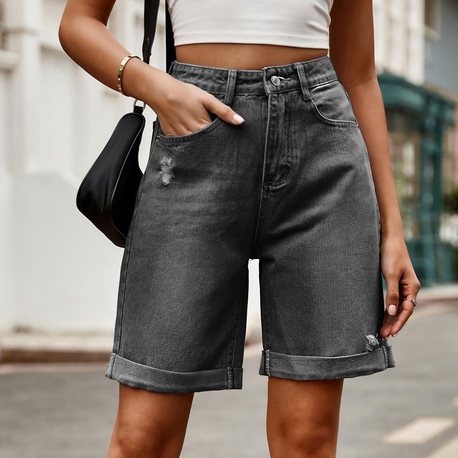 Summer Ladies s Denim Shorts Ripped Crimped Five-point Denim Shorts Casual Trousers XXL черный серый