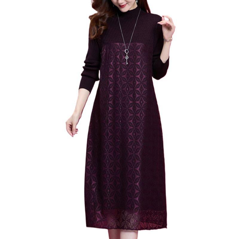 Elegant Knit Wool Dress: Loose, Thickened, Mid-Length, with Lace Patchwork Medium