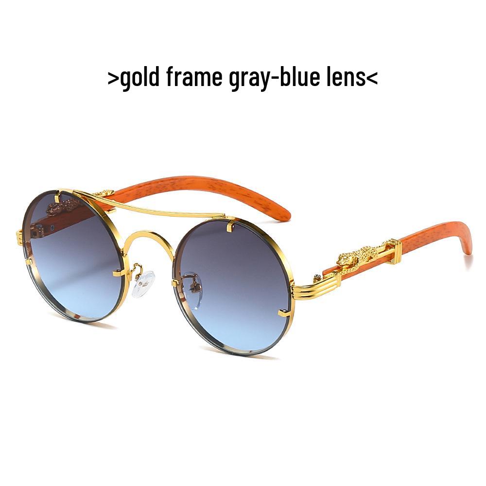Cross-Border Retro Double-Bridge Leopard Head Men's Metal Round Sunglasses
