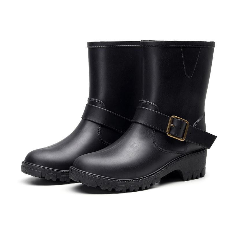 

New Leisure Rain Boots Women Low-Heeled Round Toe Shoes Waterproof Middle Tube Rain Boots Chaussures Femmes Women Shoes 78u 36 чёрный