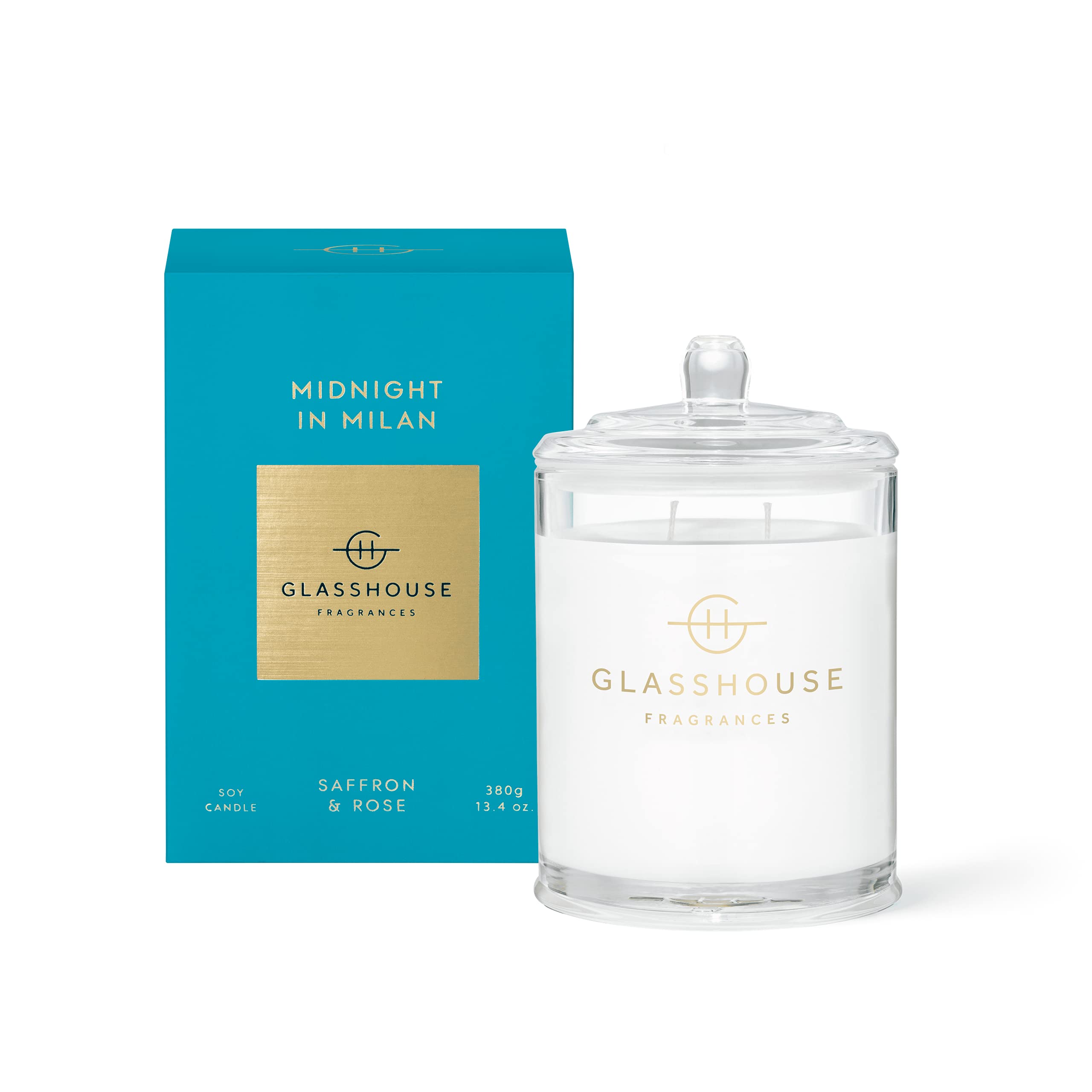 Glasshouse Fragrances Milano Sviečka Midnight Candle Trojitá vôňa Prírodný sójový vosk 2 knôty Sklenený horák Šafran oz Zmes, & Nádoba, 65-hodinový čas, & Ruža,