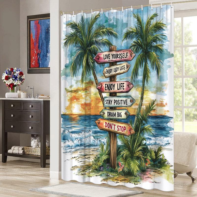 

Tropical Beach Shower Curtain - Vibrant Palm Tree & Sunset Design, Colorful Wooden Signpost With Positive Messages W60H190(CM)-1 Pcs