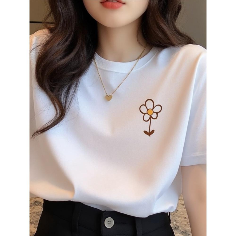 

Womens Printed Short Sleeved Tshirt with Floral Design Cotton Tshirt Casual Round Neck Top Fashionable and Trendy Clothing S