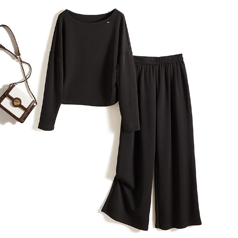 

Modern Fashion Show Fashion Suit! Big Neckline Raglan Sleeve ICE Cotton Ruched T-shirt + Loose Pants Long Women s New Black L
