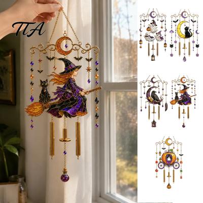 Retro-Stil Feiertagsparty-Zubehör Halloween Buntglas-Windspiel, Acryl-Sonnfänger Hängendes Ornament mit Geist Schwarzer Katze Rabe Hexe
