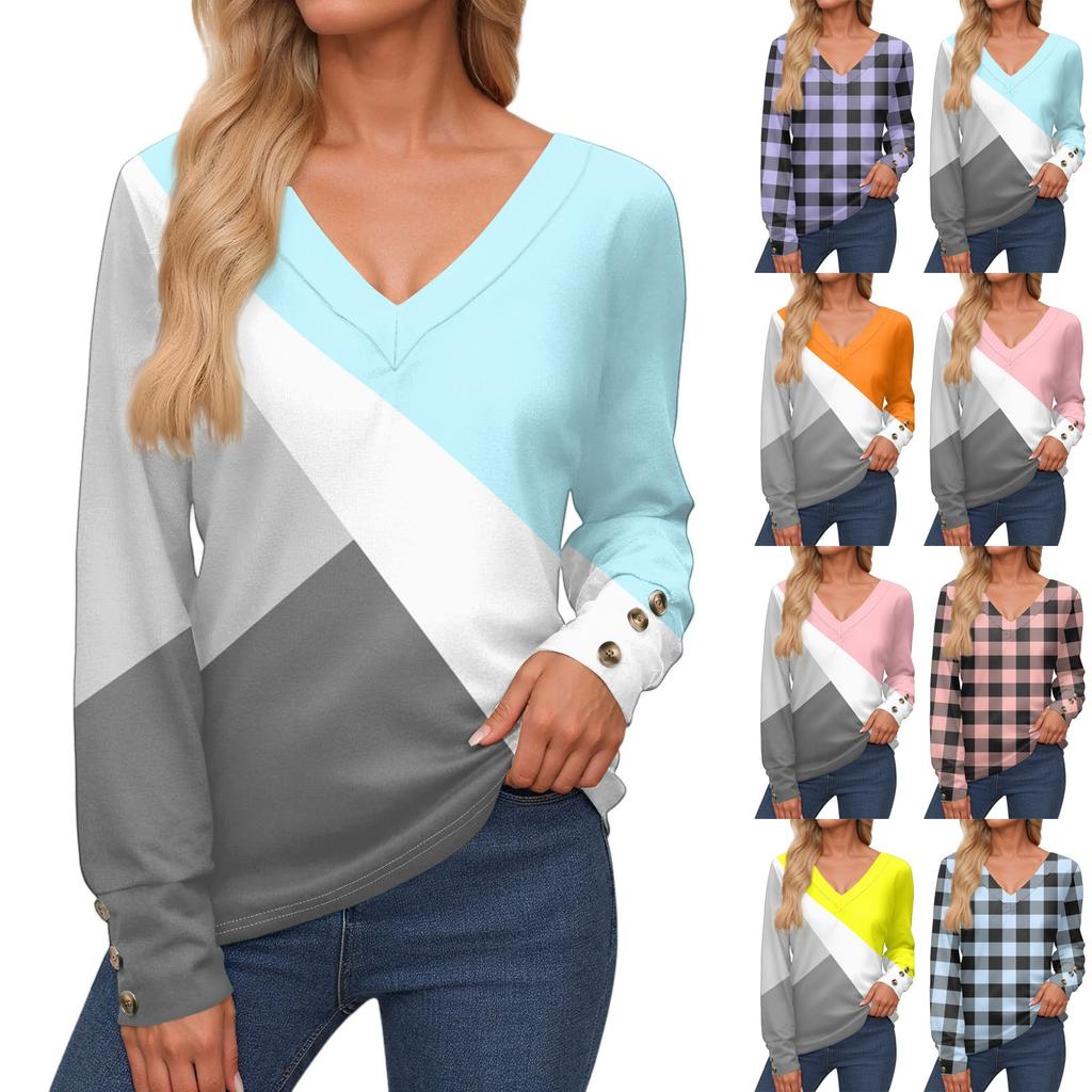 Women's Tops Long Sleeves Cuffs Button Shirt V Neck Casual Loose Tee Plaid, Patchwork Color Tops