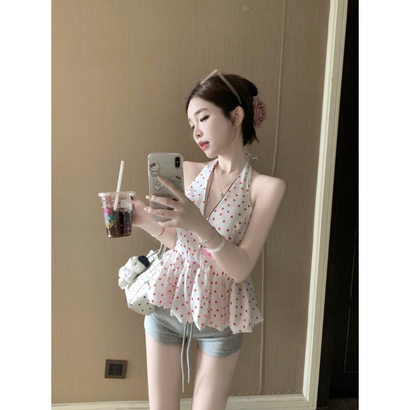 Pure desire Spice Girl design polka dot V-neck neck vest women's summer puffy bud backless sleeveless sexy top