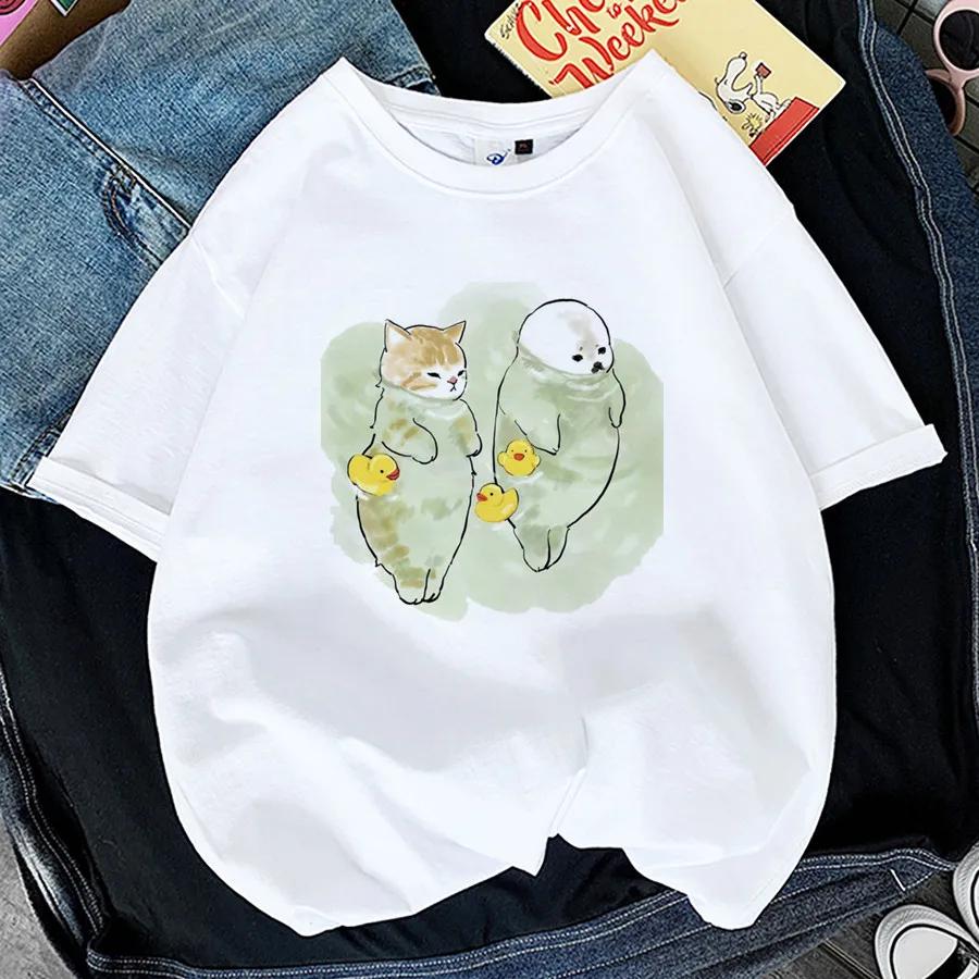 Tops Woman 2024 T Shirt Kawaii Cat Shark Print T-shirt Summer Korean Harajuku Fashion Short Sleeve Tee Funny Animal Graphic Tee