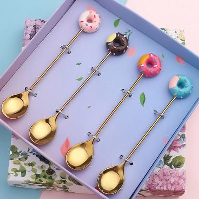 Cuchara de acero inoxidable para niños, tenedor con diseño de dibujos animados, Donut, café, postre, herramienta