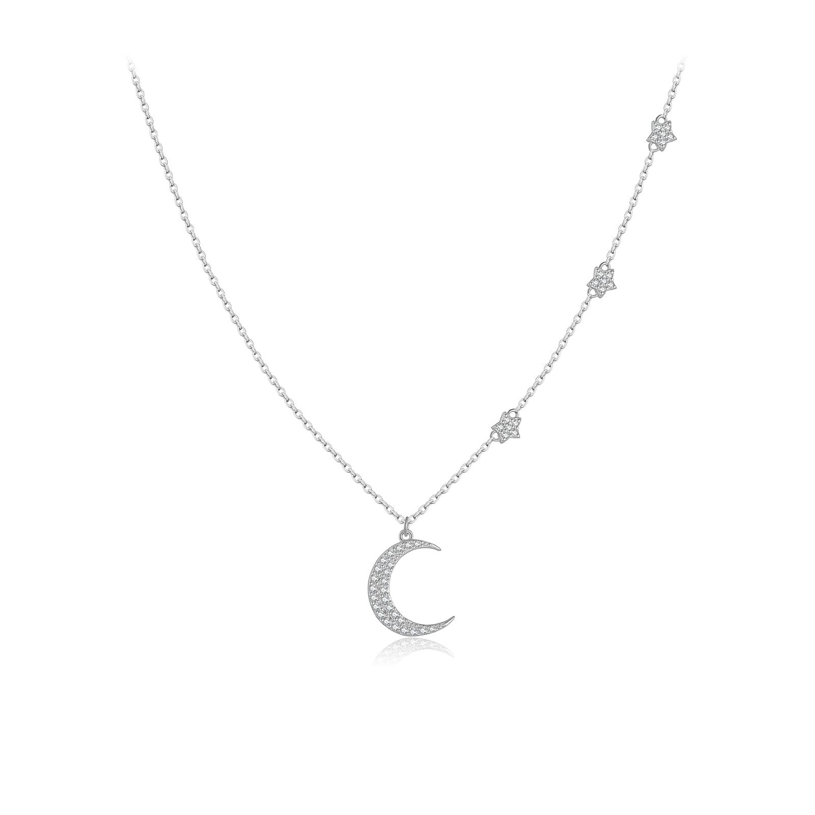

Sterling Silver Moon Star Zircon Necklace Pendant Long Chain Luxury Classical Fine Jewelry Women Gift серебряный