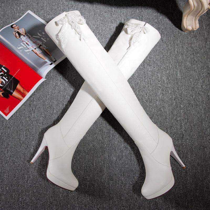 2019 new Korean version round head waterproof table bow lace side zipper stiletto casual women's knee boots
