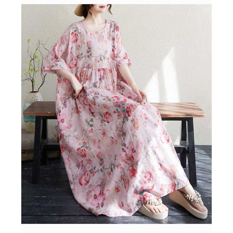 Women's Thin Cotton and Linen Round Neck Short Sleeved Long Skirt