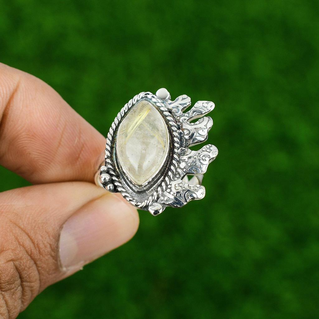 Gift For Women Statement Adjustable Ring 925 Silver Natural Golden Rutile