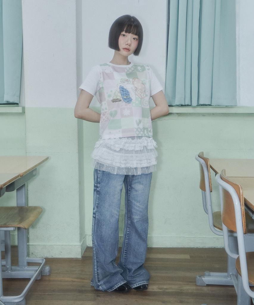 VIDEO JOCKEY [Gyeonggye X Video Jaki] Patchwork Print T-Shirt [Pink]