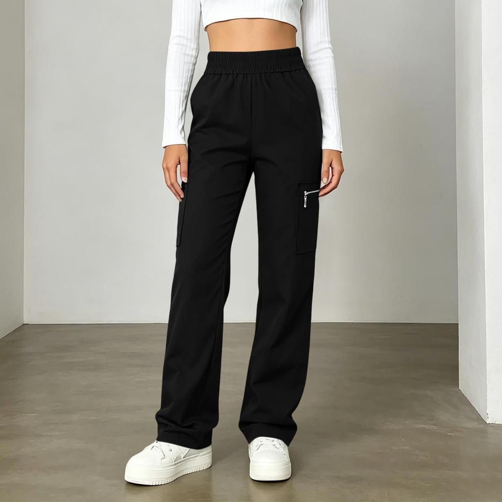 Women Casual Wide Leg Cargo Pants Elastic Waist Drawstring Pockets Long Trousers Lightweight Comfortable Fit
