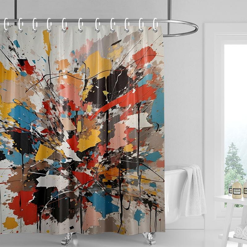 Abstrakter Duschvorhang - Wasserdichtes Farbspritzer-Design mit Halbmond & Punkten, Moderne Badezimmerdekoration für Stilvolle Räume