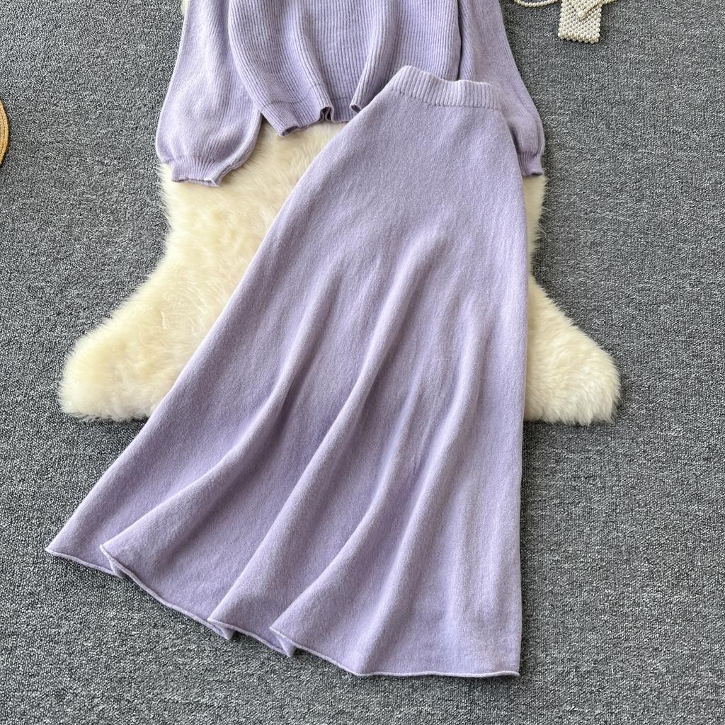 Autumn Casual Two Pieces Sets Women O-Neck Loose Knitting Top+Elastic Waist Large Swing Skirt Basic Korean Winter Sets