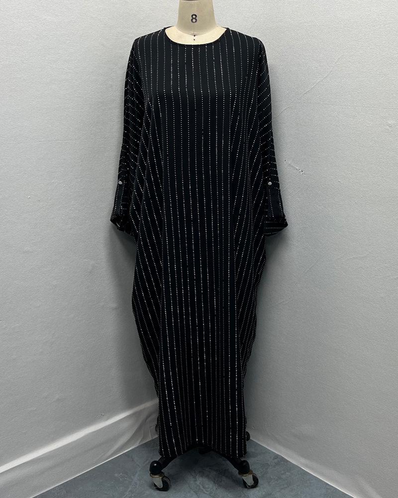 F479 Rhinestone Loose Long Dress with Striped Batwing Sleeves - Fashionable Women's Outerwear