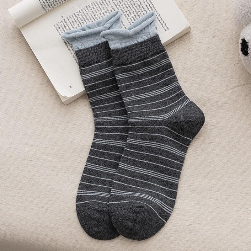 Socks Pure Cotton Boneless Medium Tube Socks Spring And Autumn Thin Hong Kong Style Retro Crimped Striped Cotton Stacking Socks