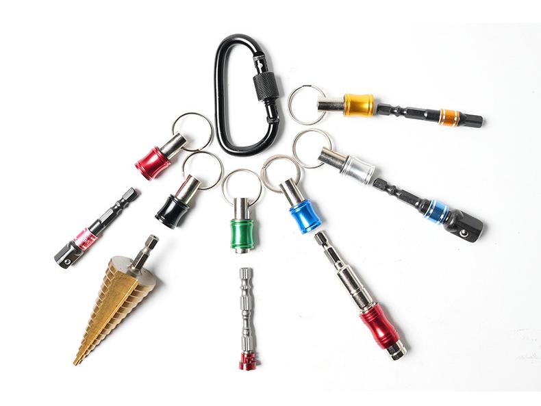 6-teiliges farbenfrohes Schlüsselanhänger-Verlängerungsstangen-Set mit Bergsteiger-Schnalle und 1/4" Sechskant-Bohrer-Aufbewahrung.