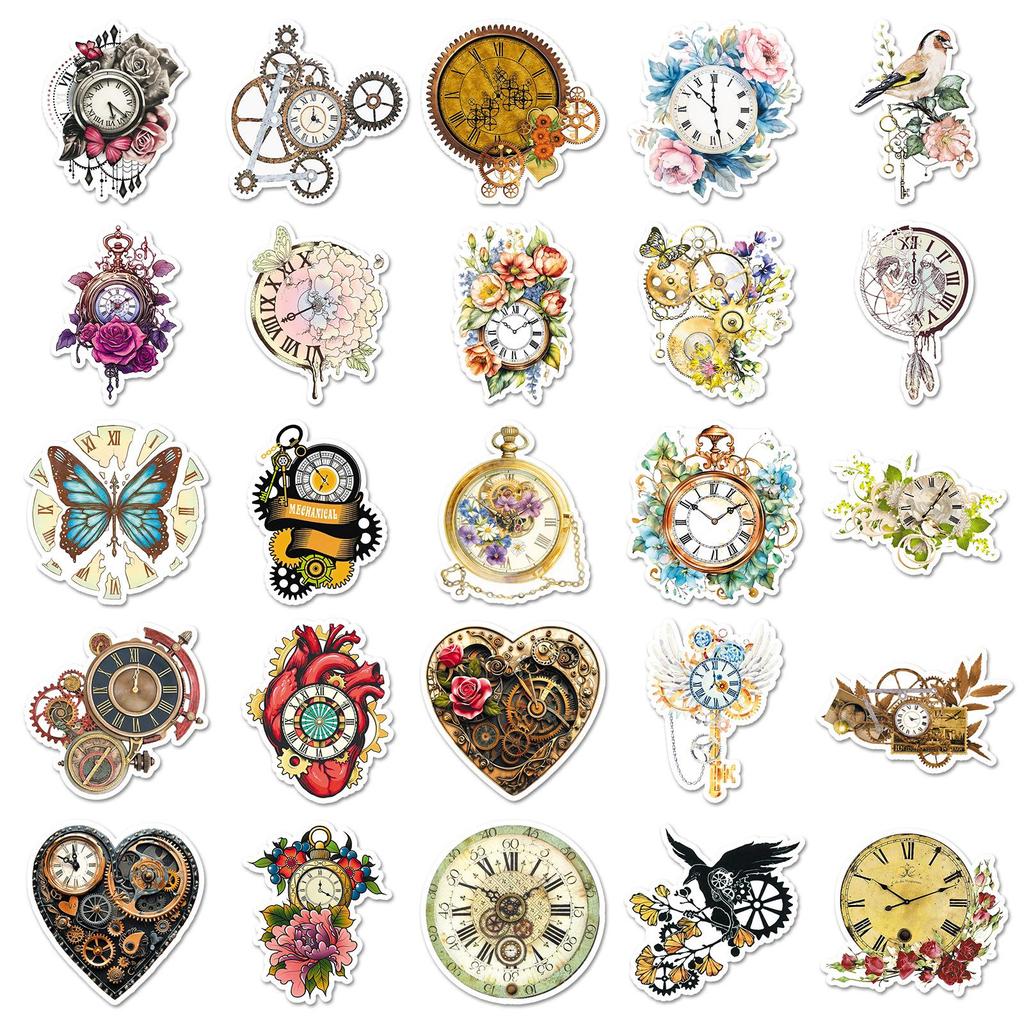 50 Retro Clock & Flower Stickers: Waterproof Decor for Journals, DIY Helmets, and Speakers