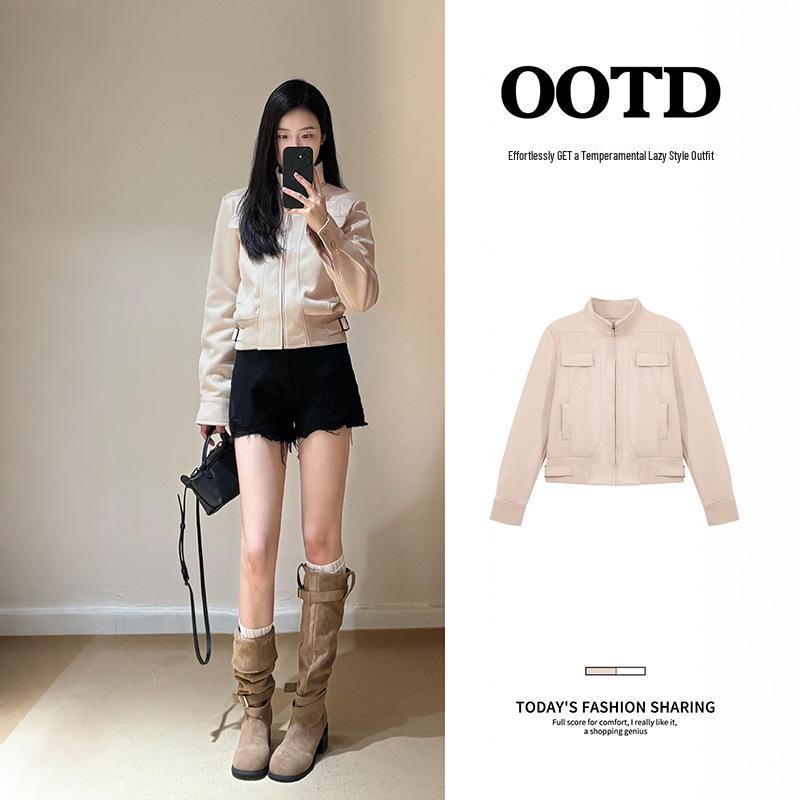 

Женская замшевая мотокуртка цвета хаки - Осень 2025, корейский стиль Small