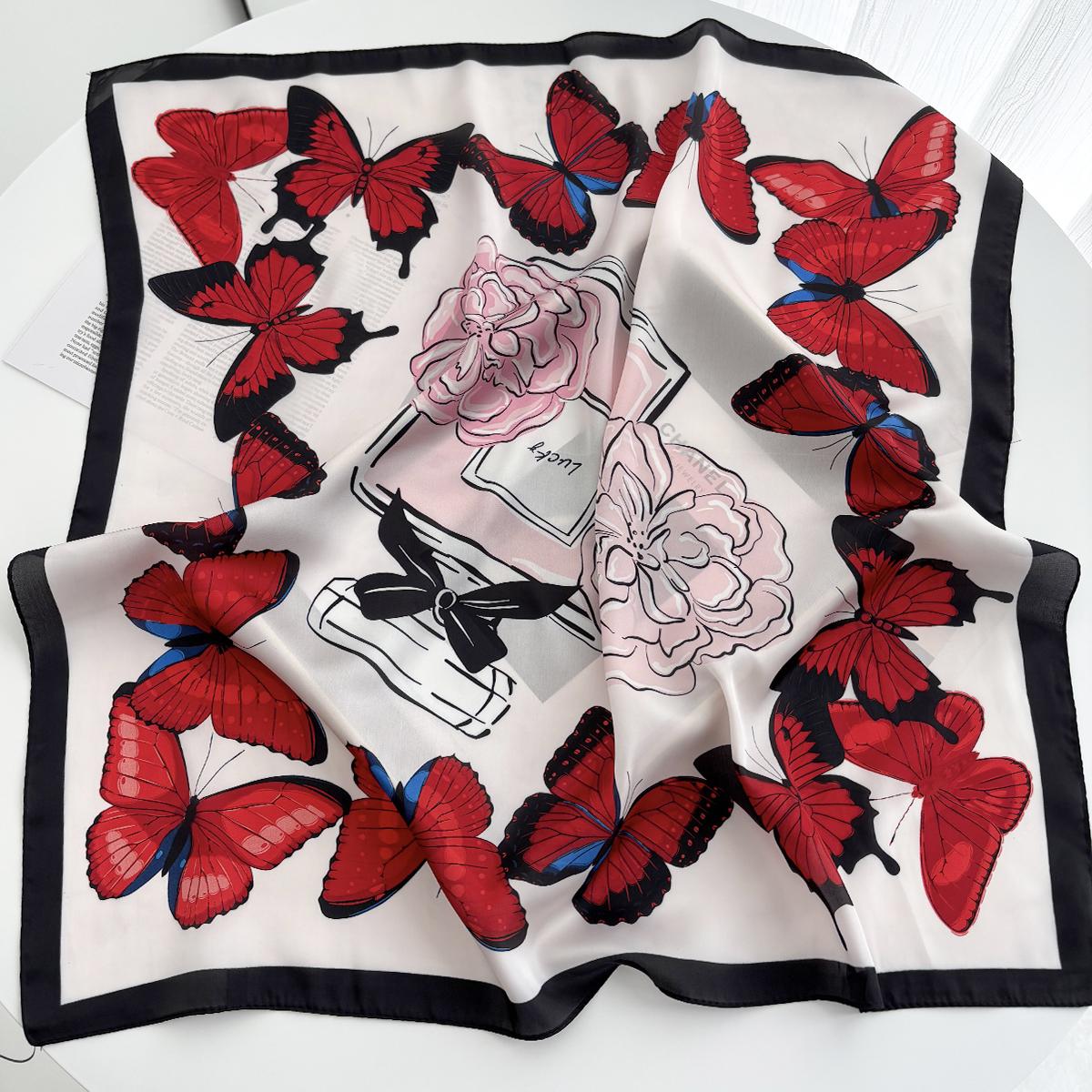1Pcs Butterfly Print Square Scarf Women‘S Floral Print Scarf Luxury Imitation Silk Neckerchief Bandanas Foulard Hairbands Wraps