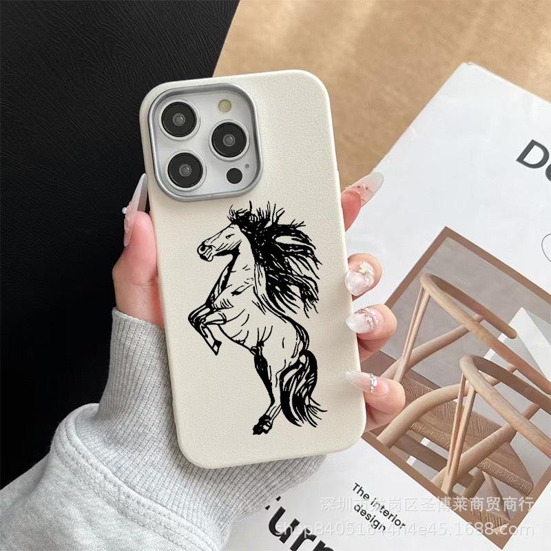 Black Horse for iPhone15promax Mobile Phone Case Apple 16 Leather Pattern 14/13/12 Protective Case 17