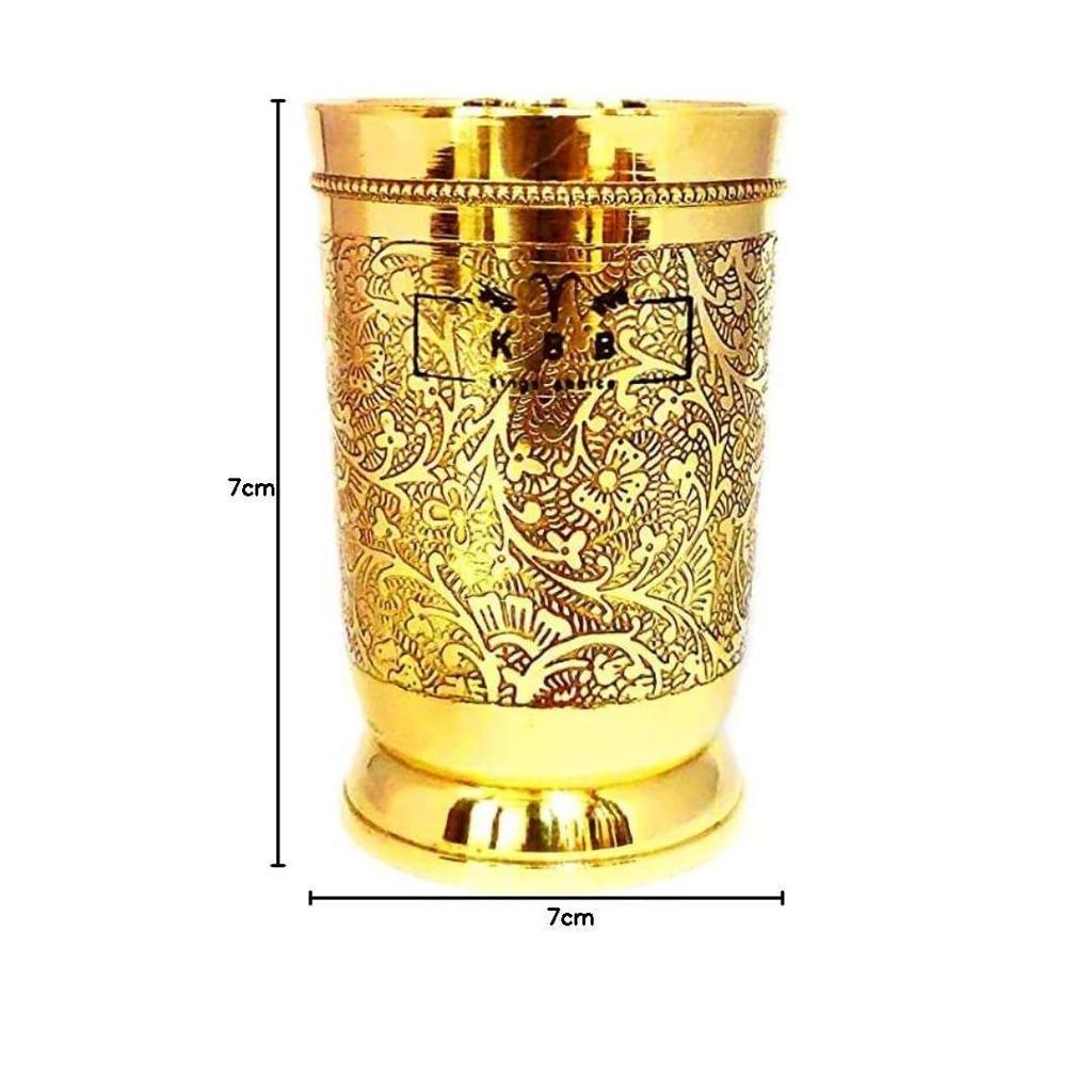 Pure Brass Glass Tumbler with Etching Art Finish, Indian HANDWORKED, (Pack of 4)