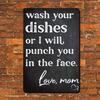 1PC Funny "Wash Dishes or I'll Punch You" Metal Sign - Durable Kitchen Decor, Humorous Black & White Wall Art, Fun Gift