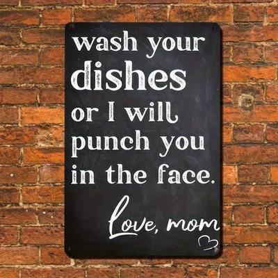 1PC Funny "Wash Dishes or I'll Punch You" Metal Sign - Durable Kitchen Decor, Humorous Black & White Wall Art, Fun Gift