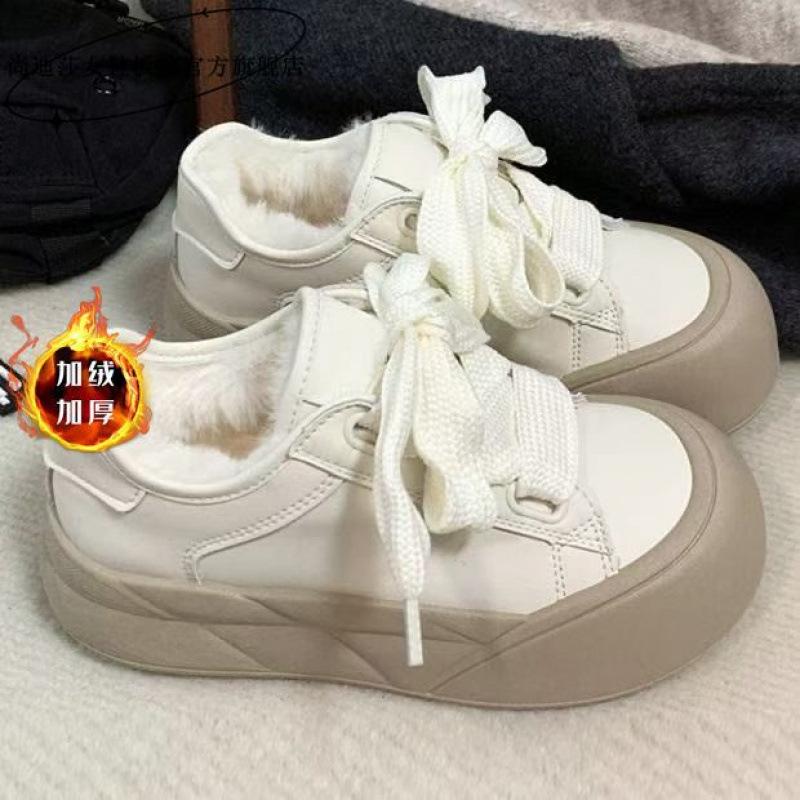 Niche ugly cute big head little white shoes women's 2025 autumn and winter velvet warm two cotton shoes ins versatile platform casual shoes