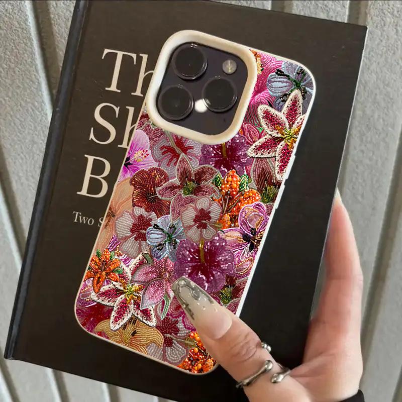 

Luxurious Beaded Flower Lychee Texture Phone Case For iPhone 17 Air 16 e 15 14 13 12 11 Pro Max Plus SE Silicone Soft Cover iPhone 11
