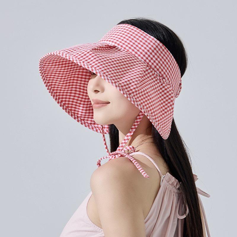 Summer Checkered Sun Hat Foldable Wide Brim Empty Top Beach Hat Breathable Uv Protection Women Sun Shade Visors