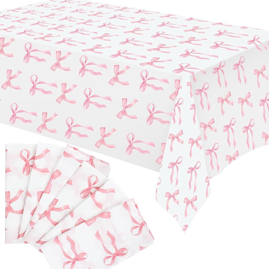 Oudain 3 Pcs Pink Bow Table Cloth 54 x 108 Inch Coquette Bow Table Cover Rectangle Pink Tablecloth Disposable Tablecovers Coquette Party Decorations