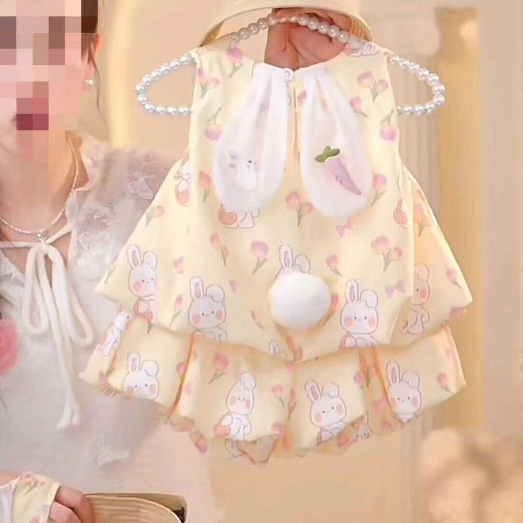 Trendy Cartoon Style Baby Girls Sleeveless Yellow Bunny Outfit Summer Set