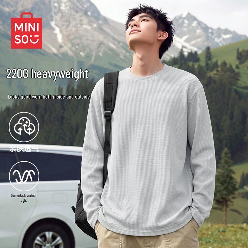 MINISO Men's Relaxed Fit Waffle Knit Long Sleeve Tee