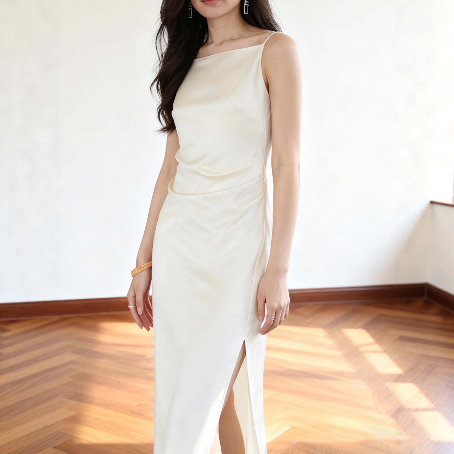 

High-End One-Shoulder Satin Slip Dress with Waist-Cinched Slit XL
