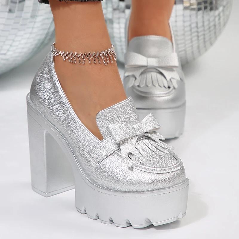 Chunky High Heel Pumps Women Gold Silver Gothic Platform Loafers Woman Fashion Tassels Thick Heeled Party Shoes