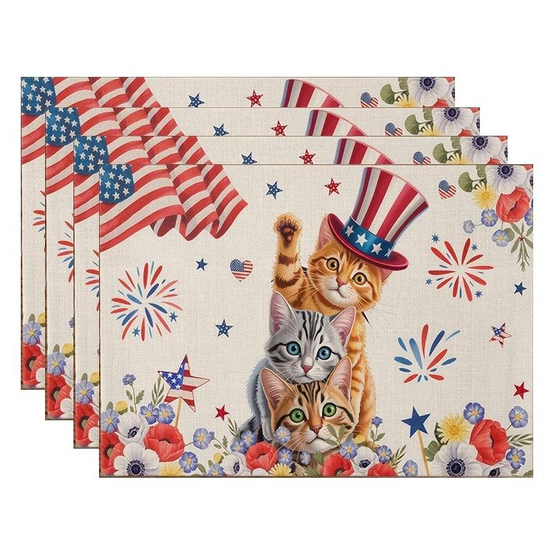 2/4/6pcs July 4th Cute Cat Meal Mat Polyester Linen Non Slip And Washable Table Mat Home Decoration