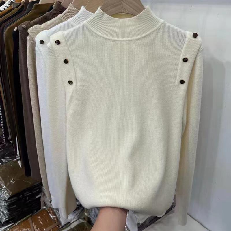 Pull Tricoté Élégant Mode Col Mi-Haut Uni Femmes Automne Décontracté Coupe Slim Manches Longues Pulls Femmes Tops Hiver Chaud Maille de Base 24880
