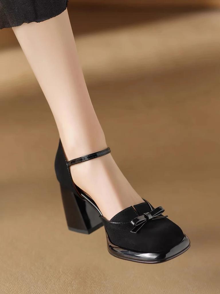 Sanded leather bow chunky heels with super high heel one-line sandals with bun toe for women brown all-in-one leather shoes