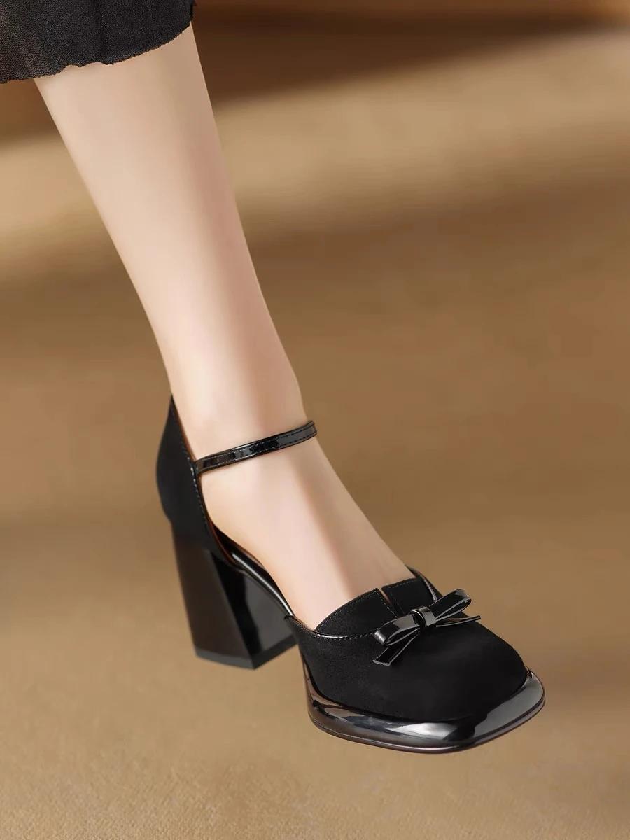 

Туфли-лодочки из отшлифованной кожи с бантом на массивном каблуке, сандалии в один ряд с очень высоким каблуком и носом-булочкой для женщин, коричневые кожаные туфли-комбинации 39