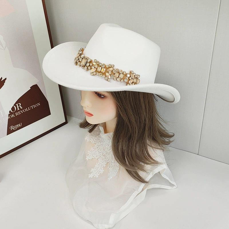202511-shi ins chic autumn Britain Classic cowboy rhinestone chain flower polyester lady fedoras cap women panama JAZZ hat