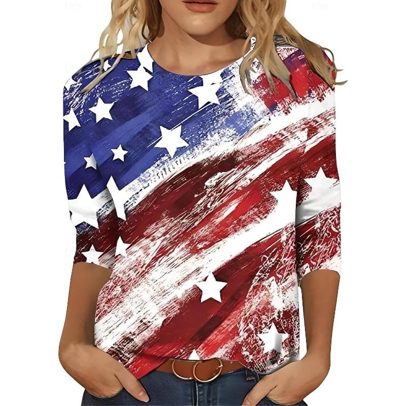 Women's T shirt Long Sleeve Crew Neck Long Sleeve Tunic Graphic Flag Top